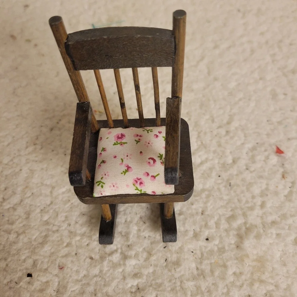 Vintage Doll Mini  5 in Upholstered Wooden Rocking Chair